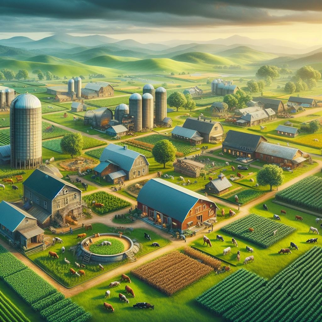 Farmland with buildings and cattle