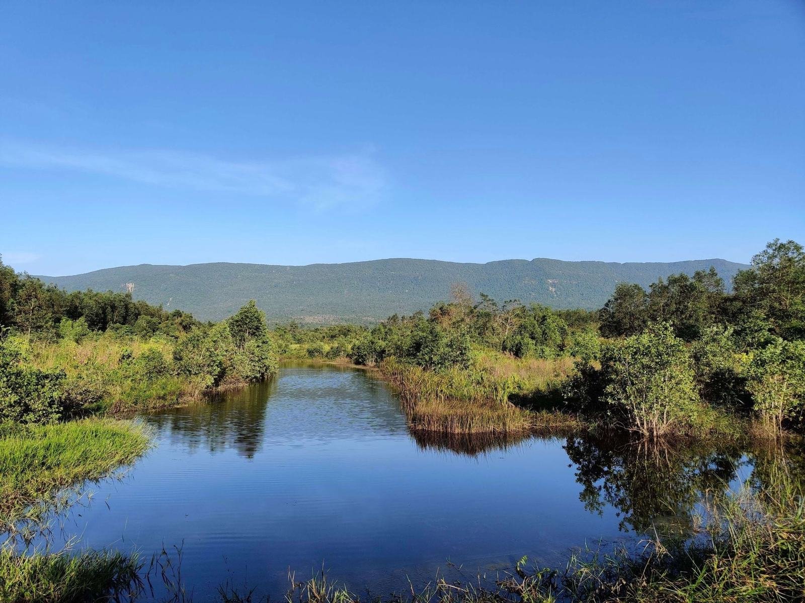 Pond and water source on the Veal Rinh industrial land bank, Sihanoukville Province, Cambodia, with the Elephant Mountains behind
