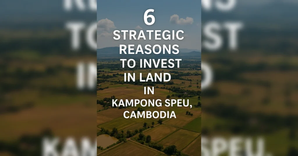 Aerial view of Kampong Speu with text overlay: “6 Strategic Reasons to Invest in Land in Kampong Speu, Cambodia”